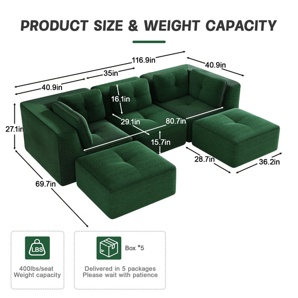 English Elm Modern Corduroy U-shaped Sectional with Tufted Cushions Deep Seat and Movable Ottomans Green W714S01797