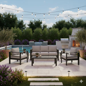 English Elm All-weather Outdoor 4 Piece Iron Conversation Set with Olefin Cushions and Wood Grain Table Light Gray B082S00105