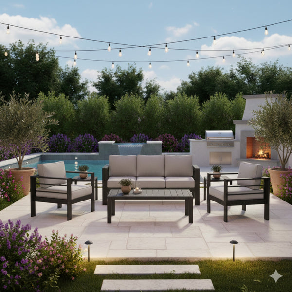 English Elm All-weather Outdoor 4 Piece Iron Conversation Set with Olefin Cushions and Wood Grain Table Light Gray B082S00105