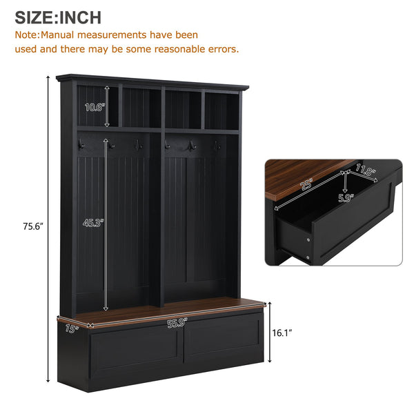 English Elm Rattan Door Hall Tree Bench with 6 Hooks Farmhouse Entryway Storage Black + Dark Walnut N721S000076B