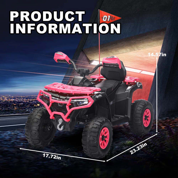 English Elm 24v Ride on Atv for Kids with Dual Motors Led Lights Bluetooth and Rugged Wide Wheelbase Pink W3822P390490