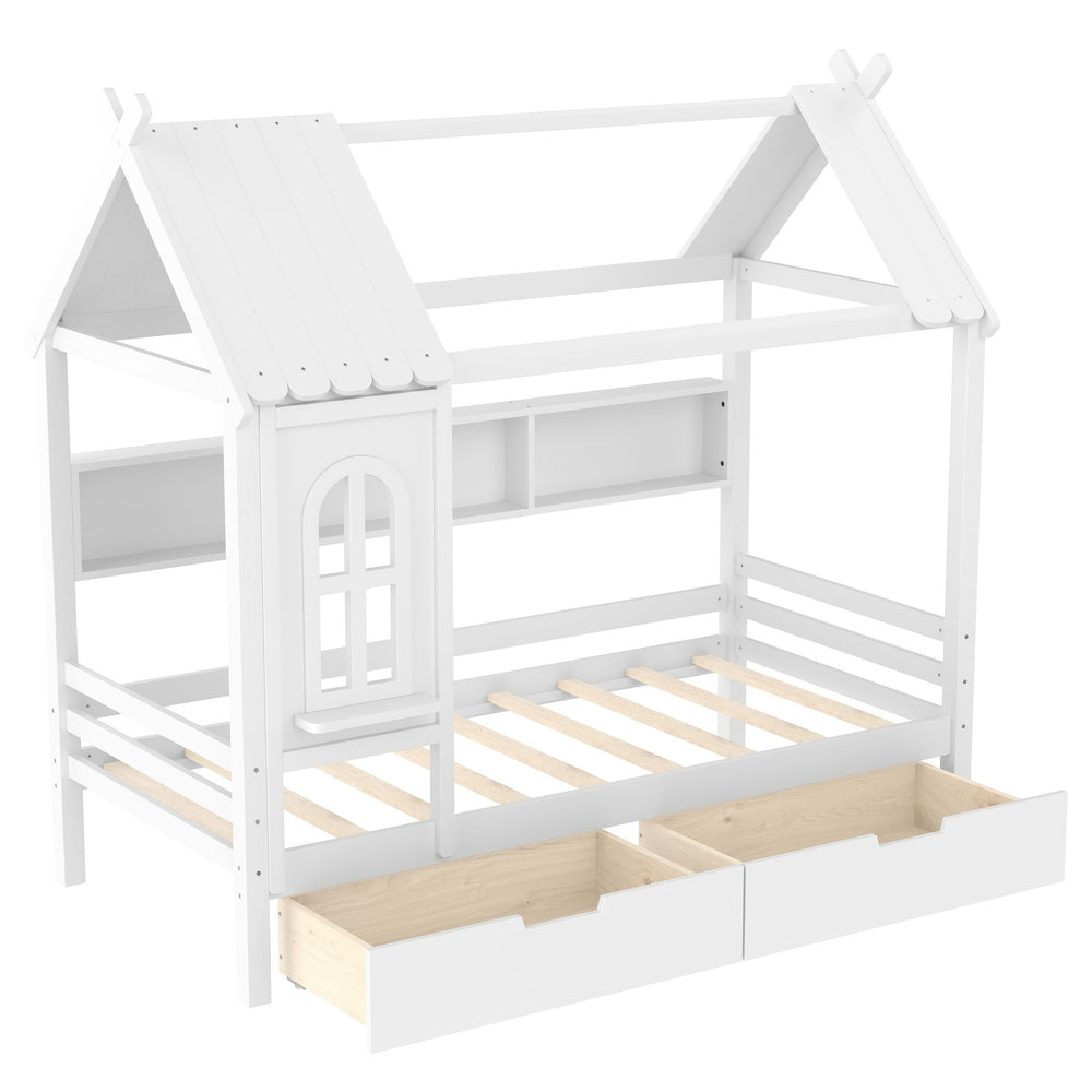 English Elm Twin House Platform Bed with Drawers & Shelves, Solid Wood Playhouse Frame for Kids, Cozy Design Light White W1580S00265