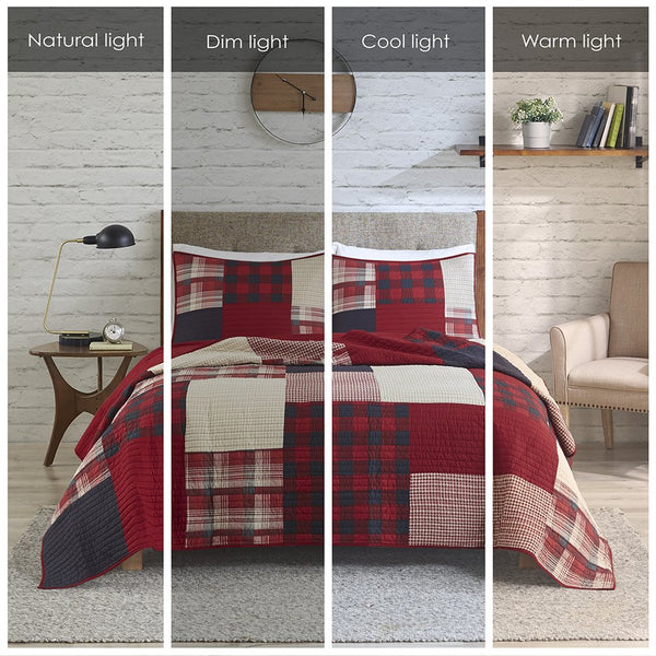 JLA Home Woolrich - Oversized Cotton Quilt Mini Set with Reversible Plaid & Solid Red, Lightweight Year-Round Comfort 110 L x 96 W x 0.25H WR14-1731