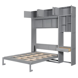 English Elm Queen Murphy Bed with Integrated Desk Cabinet Shelves Space Saving Studio Solution Gray N708S00021E-1