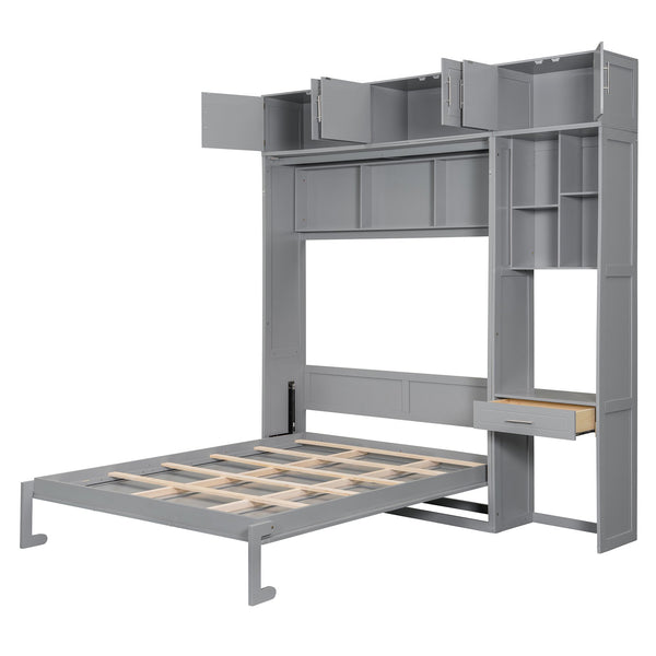 English Elm Queen Murphy Bed with Integrated Desk Cabinet Shelves Space Saving Studio Solution Gray N708S00021E-1