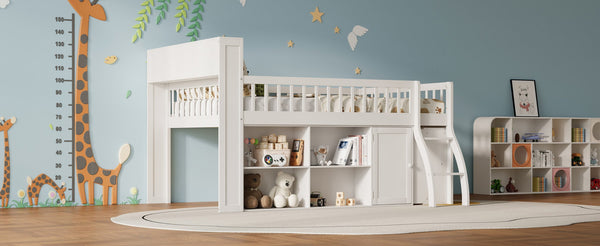 English Elm Full Size Kids Loft Bed with Led Headboard Open Shelving and Natural Wood Frame White N7090005024K