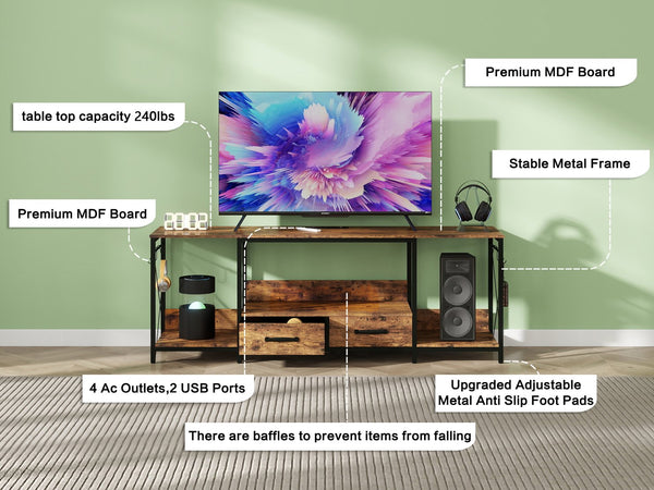 English Elm There TV Stand with LED Lights, Power Outlets & 2 Fabric Drawers for 55-75" TVs, App-Controlled Ambience and Ample Storage Light Brown Multi W2977P224347