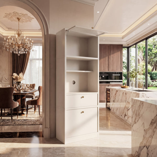 English Elm Tall Freestanding Pantry Cabinet with Adjustable Shelves Drawer and Doors for Kitchen White B2764P483844