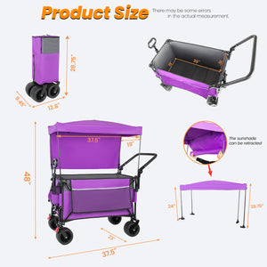 English Elm Multi-functional Heavy Duty Folding Wagon with Canopy Steel Frame All Terrain Wheels Purple W2932P417647