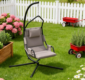English Elm Hanging Hammock Swing Chair with Powder Coated Steel Stand for Indoor Patio Use Black,Grey T3971P417967