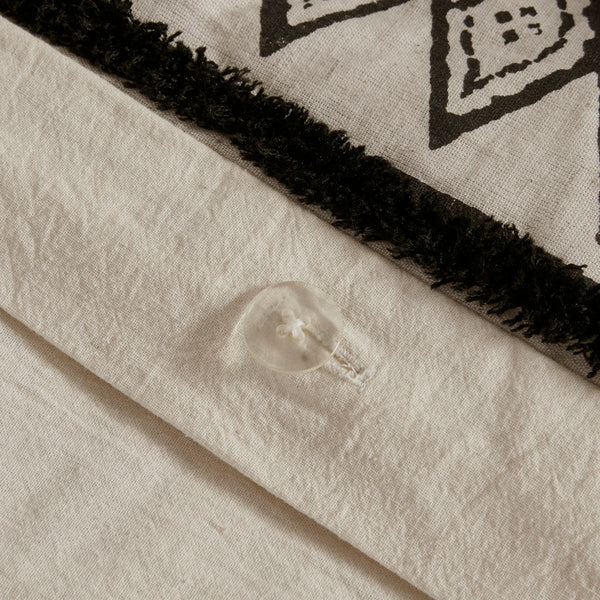 English Elm Full/Queen Marta 3-Piece Cotton Flax Duvet Cover Set with Black Diamond Print & Chenille Trim, Boho Chic B03596485