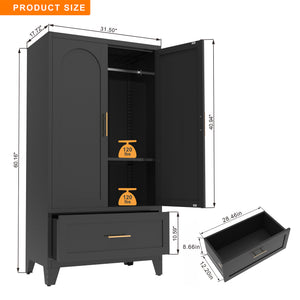 English Elm 60" Powder-coated Steel Wardrobe with Hanging Rod Drawer and Shelf for Slim Spaces W3387P396209