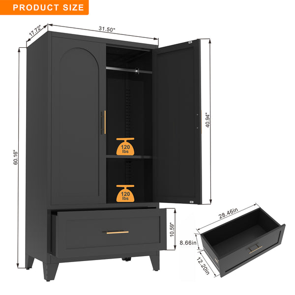 English Elm 60" Powder-coated Steel Wardrobe with Hanging Rod Drawer and Shelf for Slim Spaces W3387P396209