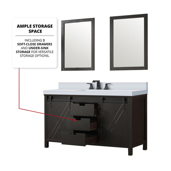 English Elm Brown Double Bath Vanity Set With White Quartz Countertop, Matte Black Faucet & 24" Mirrors Included B2731S01071
