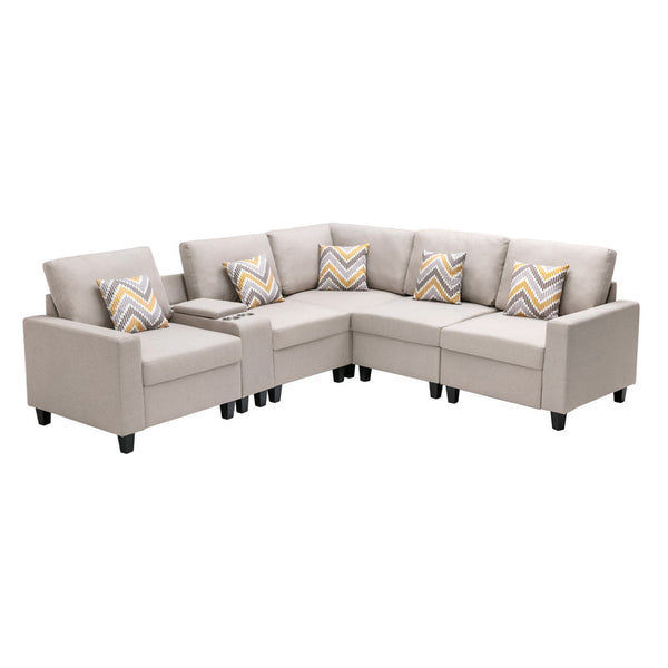 English Elm Nereo Six Piece Modular Sectional Linen Sofa with Built in Charging Console B2749S00125