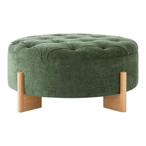 English Elm 32" Round Chenille Ottoman Tufted Footrest with Rubberwood Legs for Living Room Green N723P405298G