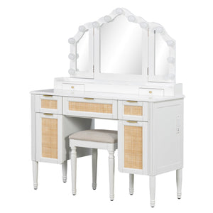 English Elm 44.37 Inch Hollywood Led Vanity Desk Tri-fold Mirror Bamboo Drawers Bedroom White N704P342558K
