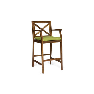 English Elm Christopher Knight Home® - PERLA Acacia Wood Outdoor Barstool Set of 2 with Water-Resistant Cushions, Cross-Back Farmhouse Charm Green 63748.00GRN