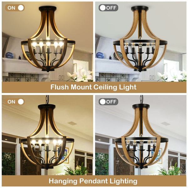 English Elm 5-Light Farmhouse Chandelier Vintage Geometric Wooden Frame Metal Fixture for Dining Room Foyer Brown W2738P242327