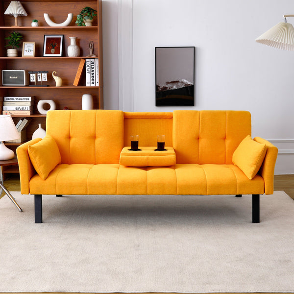 English Elm 70-inch Foldable Cotton Linen Sofa Bed with Cup Holder & Side Storage, Space-Saving 2-Seater Design Yellow W3371P337202