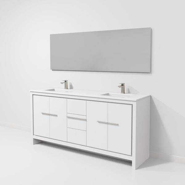 English Elm White Double Bath Vanity With Quartz Top, Gun Metal Faucet, 70" Mirror - Elegant Storage Solution B2731S01755-GIGA