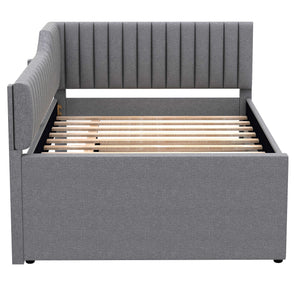 English Elm Full Upholstered Daybed with Trundle and Three Drawers, Linen-Blend Fabric, Space-Saving Guest Bed, Storage-Friendly Design Gray DL002058AAE