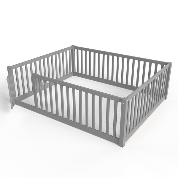 English Elm Twin Floor Bed Pine Wood Frame with Guardrails and Door for Safe Toddler Sleep Gray W1580P418052