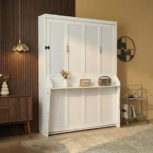 English Elm Queen Murphy Wall Bed with Integrated Desk Gas Strut Lift White Cabinet for Small Spaces W504S00282