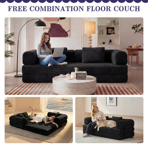 English Elm Compression Corduroy Modular Floor Sofa Sleeper Loveseat Tatami Sectional for Living Room Black W1919P414125