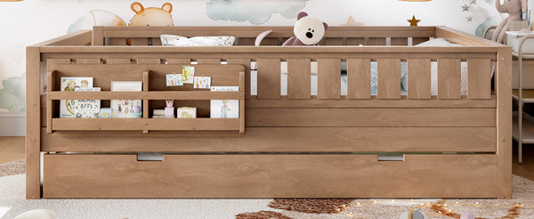 English Elm Queen Bunk Bed with Trundle Solid Pine Kids Car Themed Frame Built-in Bookshelf Natural W1580S00564