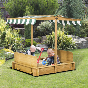 English Elm Outsunny Cedar Wood Kids Sandbox with Adjustable Canopy and Foldable Bench Seats W2225P200655