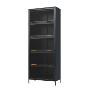 English Elm 76.75'' Tall Steel Barrister Bookcase with Led Lit Shelves and Brass Hardware Display Black SN845P397473B