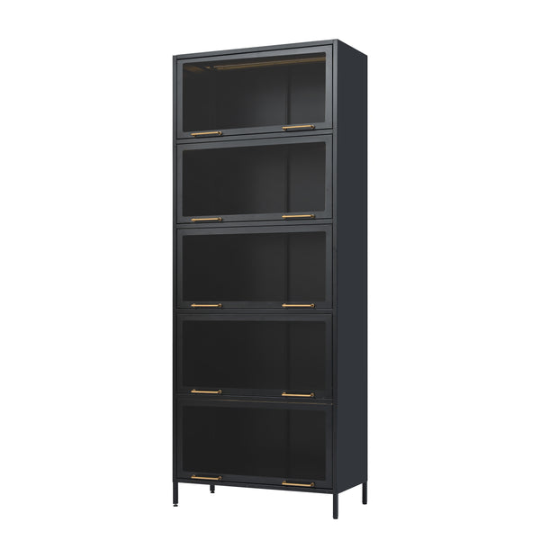 English Elm 76.75'' Tall Steel Barrister Bookcase with Led Lit Shelves and Brass Hardware Display Black SN845P397473B