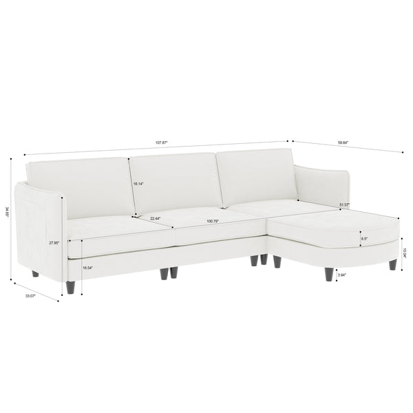 English Elm 107.8'' L-Shaped 3-Seater Sofa With Movable Ottoman & Arm Pockets – Stylish Comfort For Any Space W680S00035