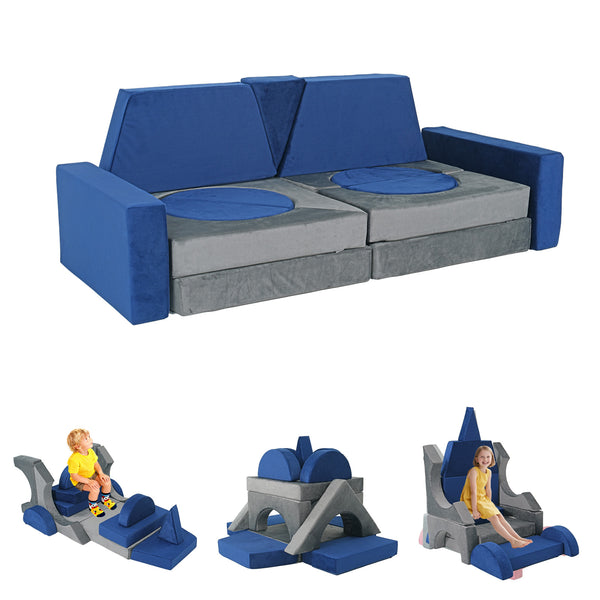 English Elm 15pcs Modular Toddler Play Couch Set Velvet Foam Fort Building Playroom Seating Blue+Grey T5880P493418