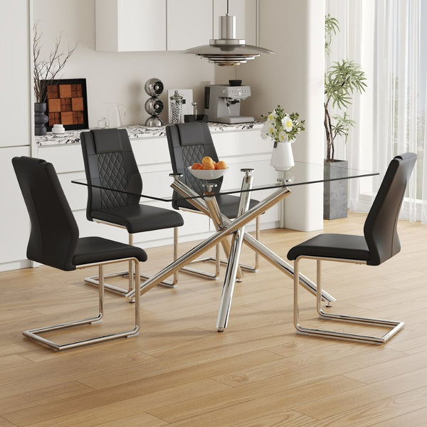 English Elm Table Modern Luxurious Glass Dining Set With 4 Stylish Black Pu Chairs And Silver Metal Legs W1151S04127-GIGA