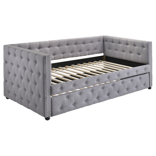 English Elm Cross Creek Tufted Grey Fabric Twin Daybed with Trundle for Guest Rooms B062S01615