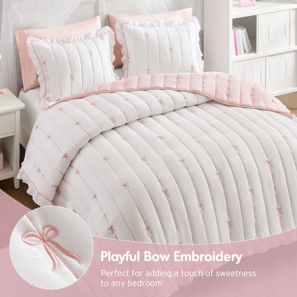 English Elm 3-piece Reversible Microfiber Quilt Set Bow Embroidery Ruffled Trim Romantic Bedroom Pink+White B035P482881