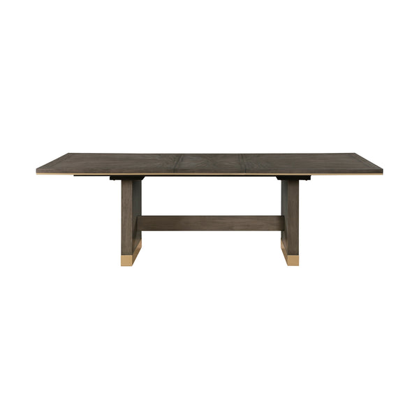 English Elm Modern Griffin Dining Table with Self-Storing 20" Leaf, Sunburst Oak Brown Finish & Gold Trim B011S01459