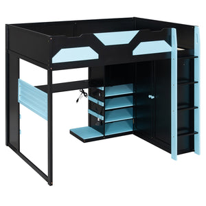 English Elm Full Size Loft Bed with Rgb Lighting Usb Charging Desk Wardrobe and Storage Shelves Blue LT000387AAC