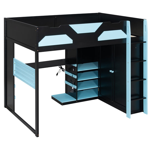 English Elm Full Size Loft Bed with Rgb Lighting Usb Charging Desk Wardrobe and Storage Shelves Blue LT000387AAC