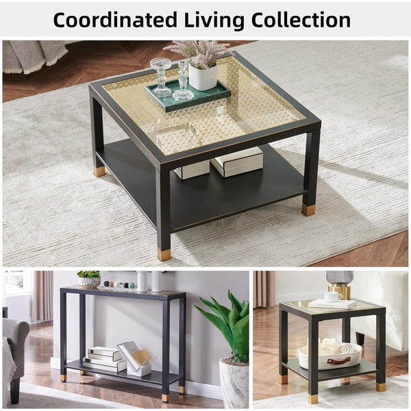 English Elm Industrial Square Coffee Table with Gold Mesh Tempered Glass Top and Matte Steel Legs Black+Gold W3587P456249
