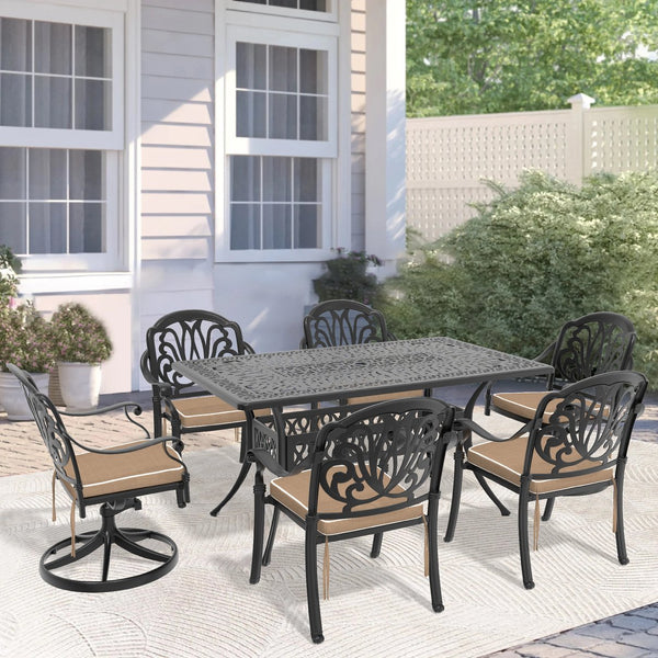 English Elm 7-Piece All-Weather Cast Aluminum Dining Set With Swivel Chairs, Cushions & Rectangular Table, Black Frame W1710S00367