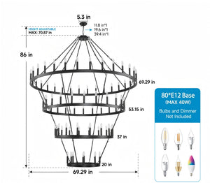 English Elm 69.3 Inch Four Tier Wagon Wheel Chandelier Matte Black Metal 80 Light Farmhouse Foyer W5008P392692