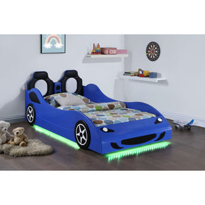 English Elm Solana Race Car Twin Bed with LED Underglow Lights, Padded Headboard & Realistic Wheels for Kids B062S01110