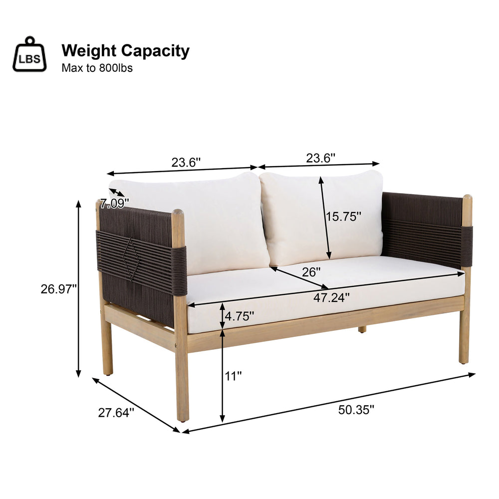 English Elm Outdoor Acacia Wood Loveseat Handwoven Rope Weave Patio Seating with Cushions Black,Cream,Light Teak N768P361444L