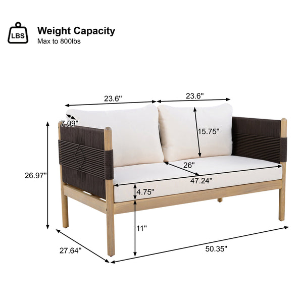 English Elm Outdoor Acacia Wood Loveseat Handwoven Rope Weave Patio Seating with Cushions Black,Cream,Light Teak N768P361444L