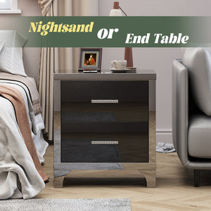 English Elm High Gloss Mirrored 2 Drawer Nightstand Slim Metal Legs Modern Bedroom Side Table Black W5271P416537
