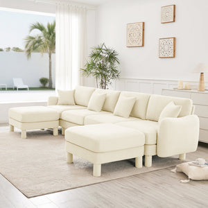 English Elm Boucle U-Shape Sectional Sofa For 4, Stylish Shell Armrests & Movable Ottomans In Beige Comfort W3041S00281