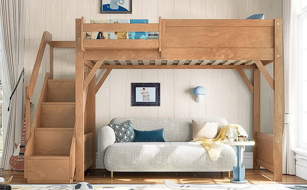 English Elm Twin Low Loft Bed Solid Pine Frame Kids Study Desk Blackboard Storage White Antique Natural W1580S00553
